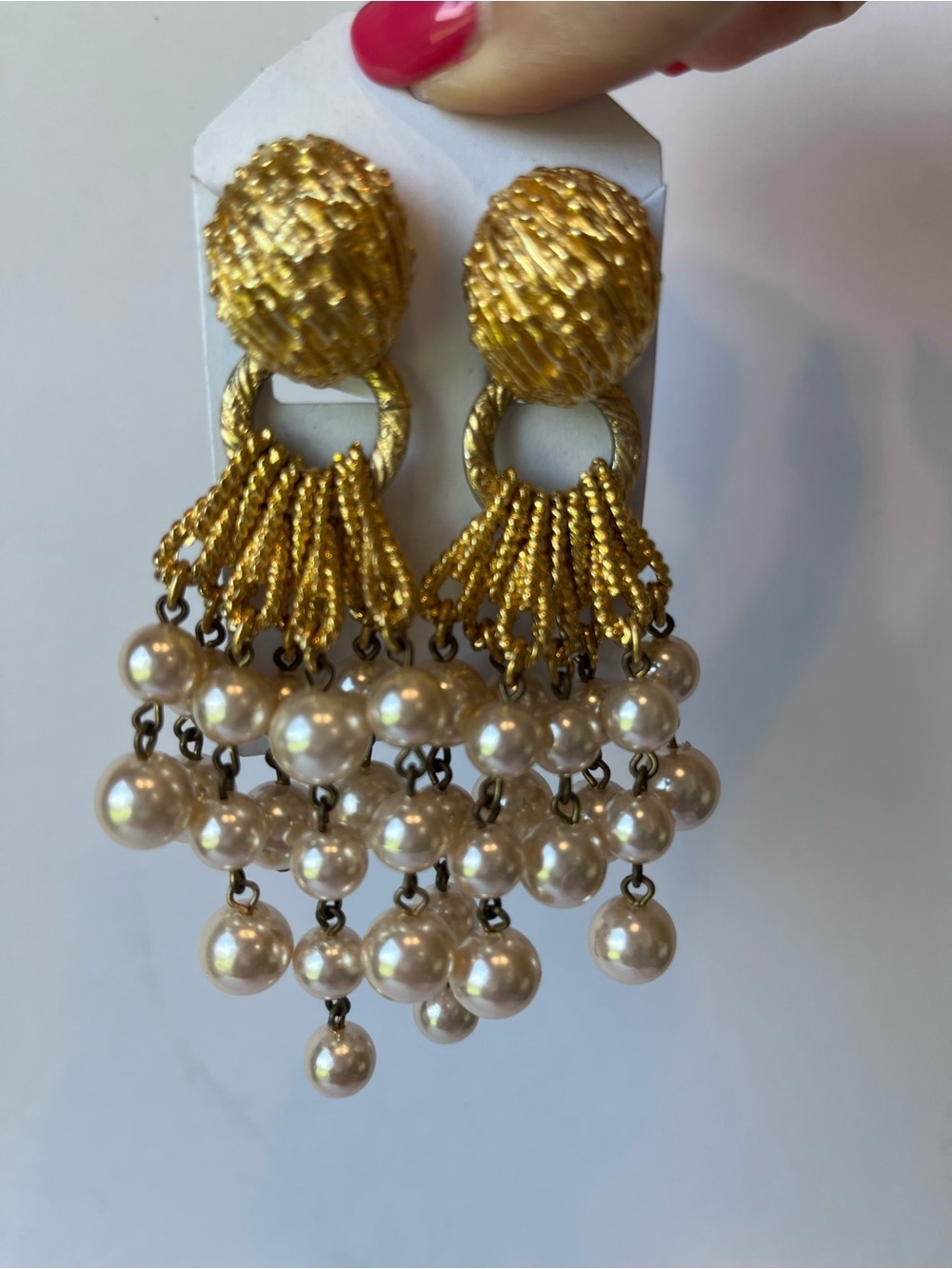 Vintage Gold Tone Pearls Chunky Statement Clip On Earrings 2 in 1 80’s